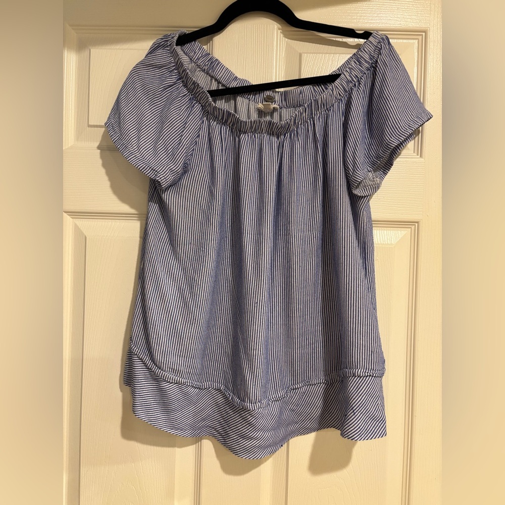 Cupio Blue Smocked Off the Shoulder Puff Sleeve Blouse Large